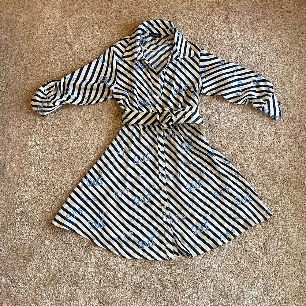 Striped Long-Sleeve Shirt Dress with Self-Tie Waist in Navy and White